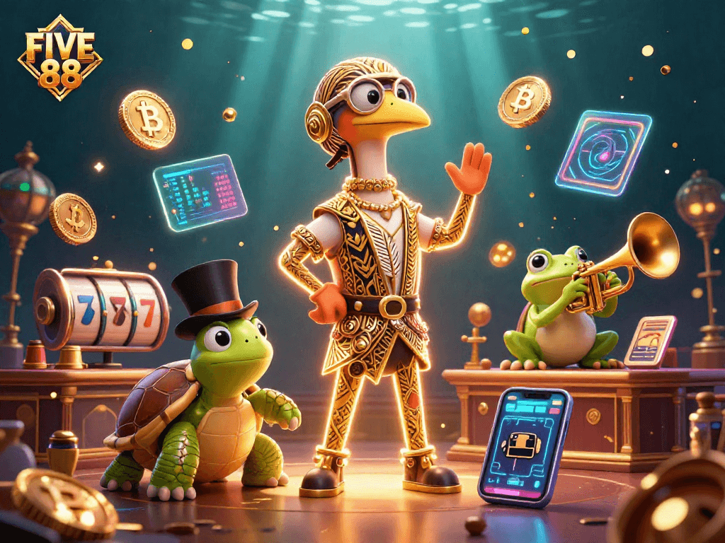 Engage in thrilling FUN at FIVE 88 with dynamic slot reels, a turtle in a top hat, and a trumpet-playing frog!