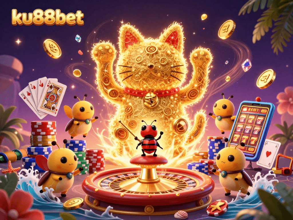 Experience thrilling gaming with ku88bet's colorful lucky cat and casino symbols in a vibrant scene.