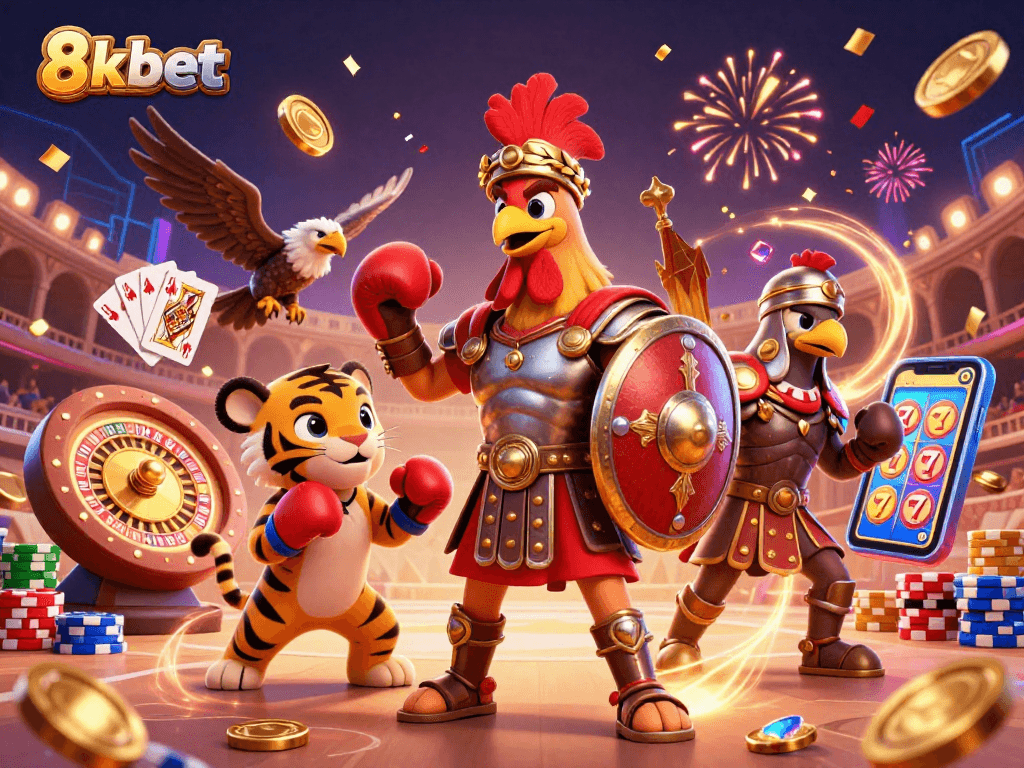 Experience the vibrant atmosphere at 8xbet where a gladiator rooster and tiger cub engage in a thrilling casino duel.