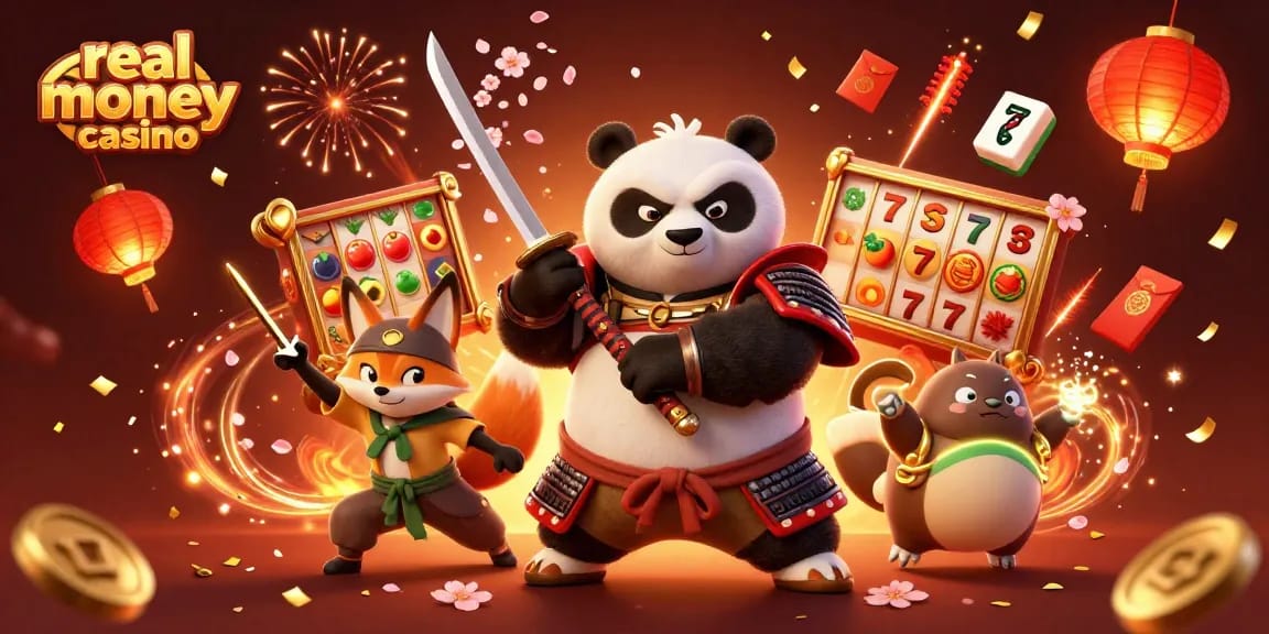Experience the thrill of a real money casino with dynamic gaming elements in a vibrant 3D scene.