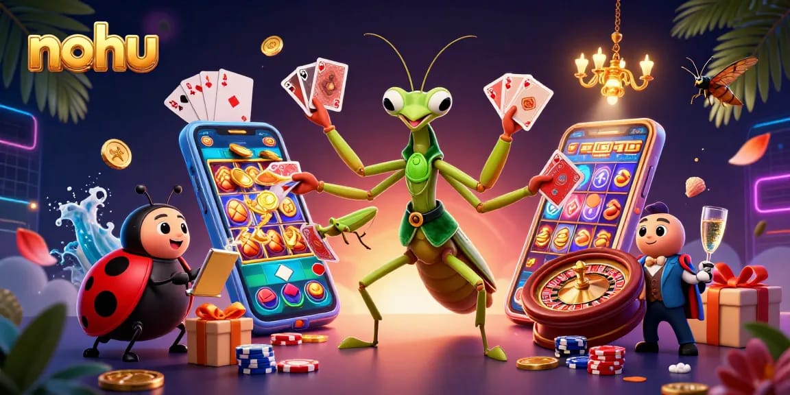 Nohu roulette scene with a mantis dealer, ladybug pit boss, and dynamic casino elements.
