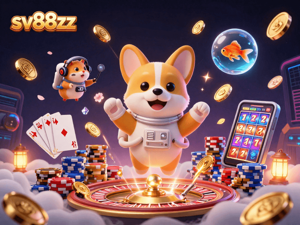 Engage with sv88zz's vibrant space casino scene featuring an astronaut corgi and playful elements.