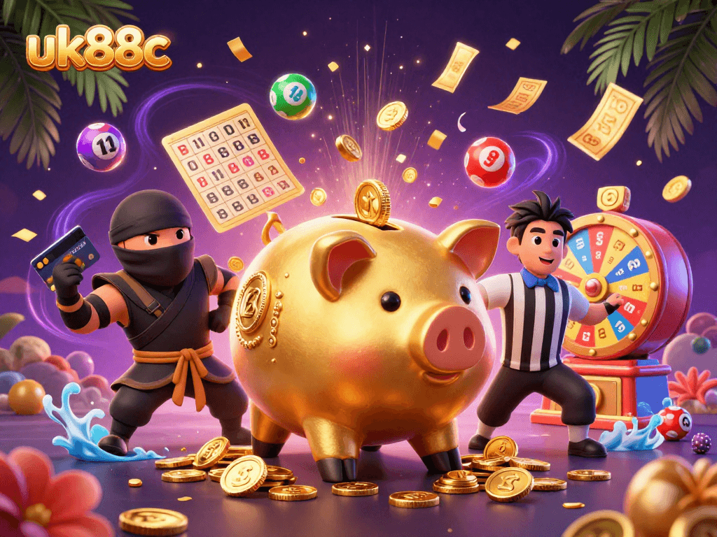 Engage with the exciting uk88c gameplay featuring a golden piggy bank sumo wrestler and dynamic casino elements.