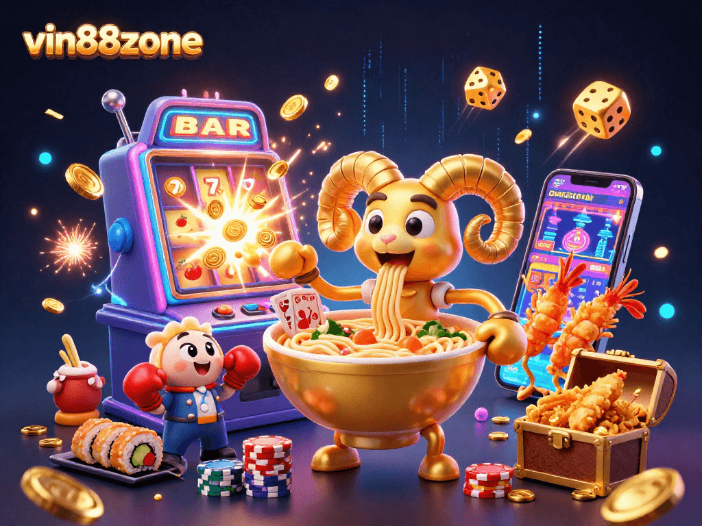 vin88zone showcases an animated scene with vibrant casino characters bringing cards and chips to life.