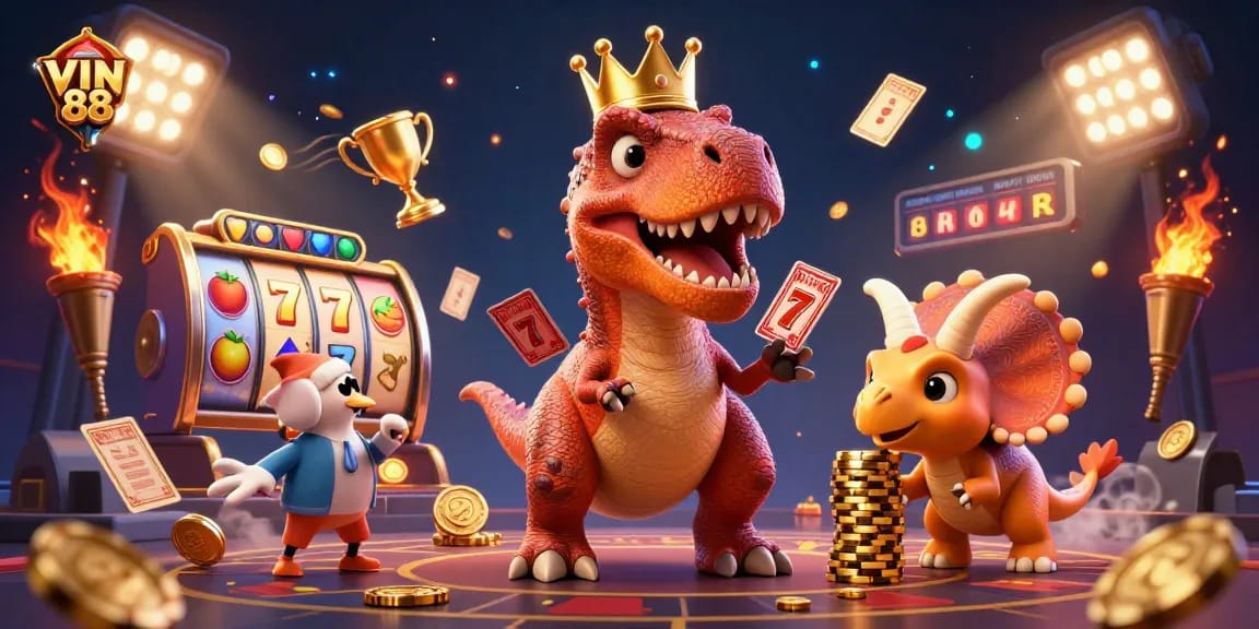 Join the fun at VIN 88 as a T-Rex plays cards with friends in a vibrant casino atmosphere.