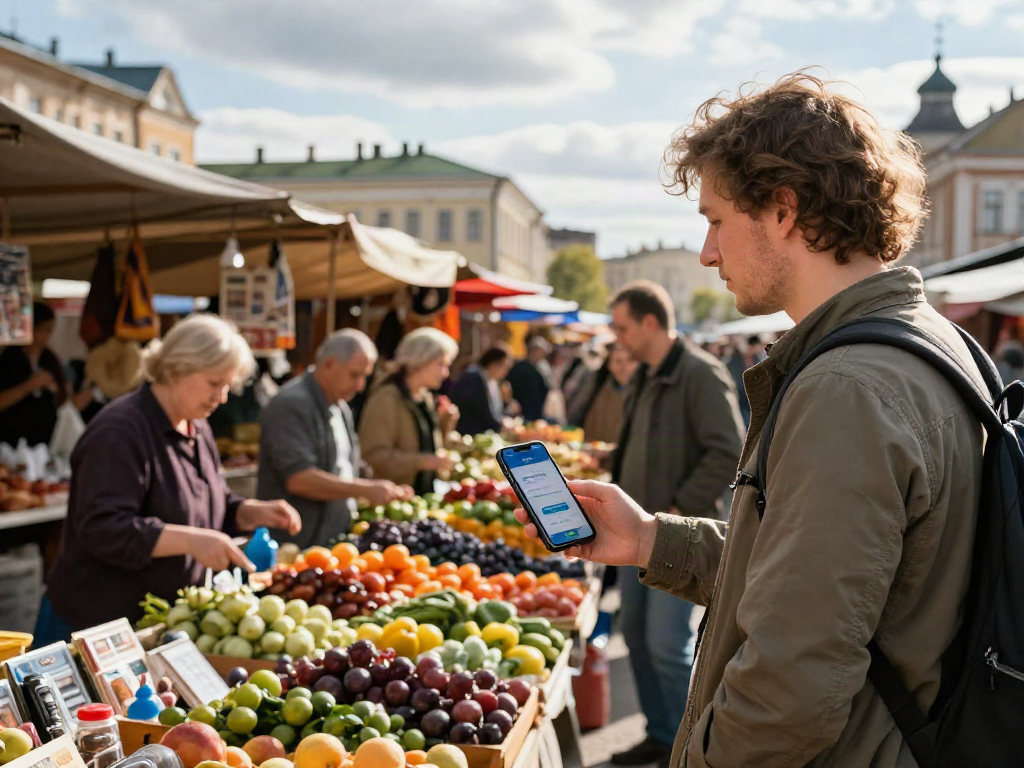 Viajero utilizando https://payinrussia.com/ en un mercado ruso lleno de colores y cultura.