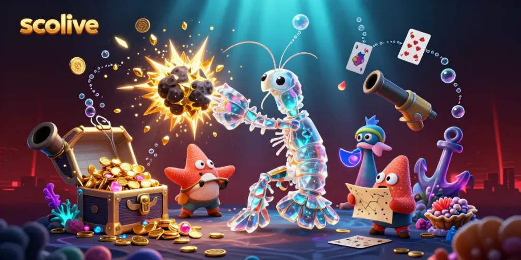 Socolive showcases a vibrant scene with a galactic samurai mantis shrimp battling an asteroid, surrounded by underwater-themed gambling elements.