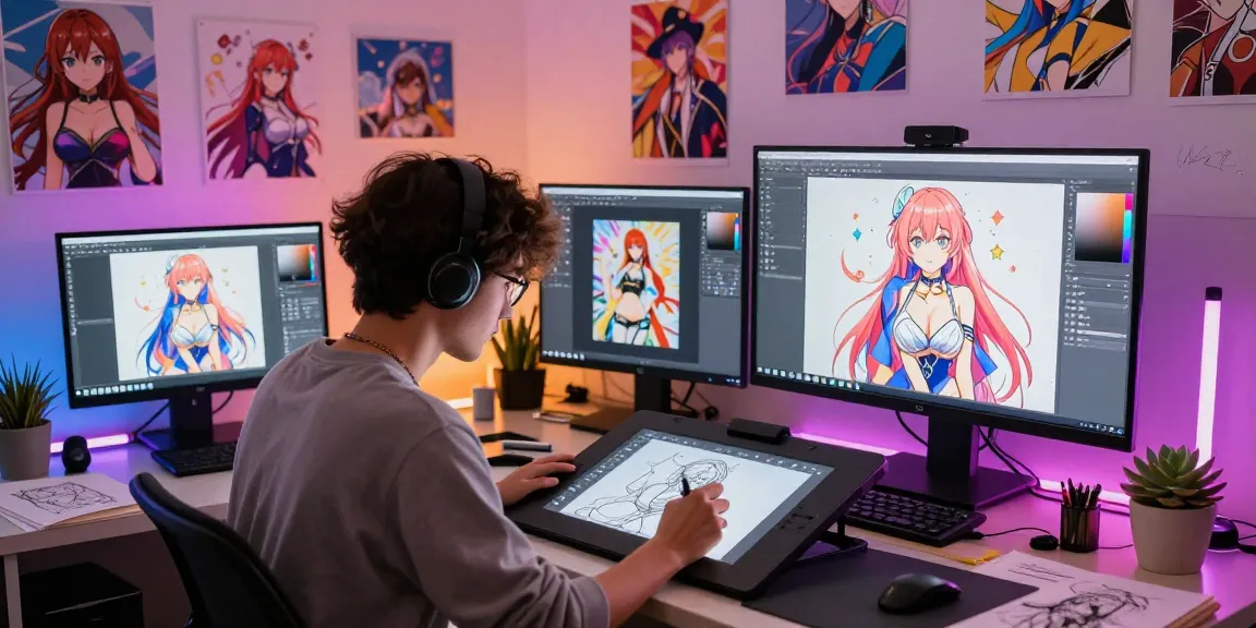 AI hentai art creation scene featuring a digital artist in a vibrant studio.
