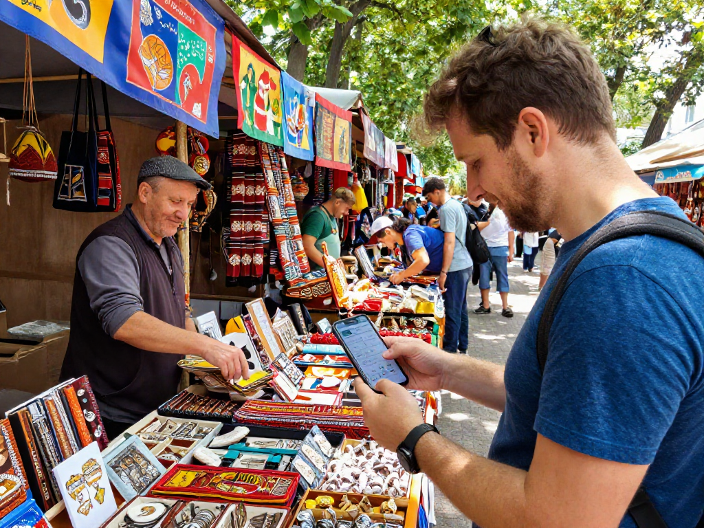 Pago en Rusia: Turista utilizando https://payinrussia.com/ en un bullicioso mercado local.