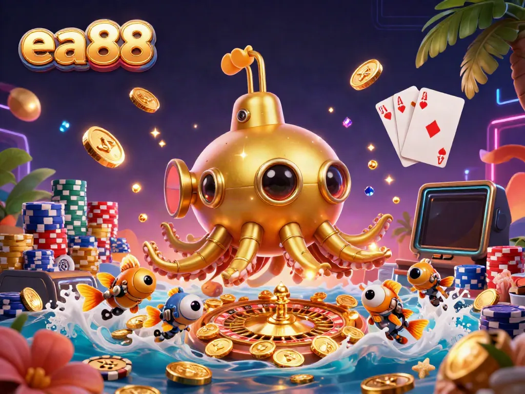 Experience the thrill of ea88 with a golden kraken submarine amid cascading coins and casino elements.