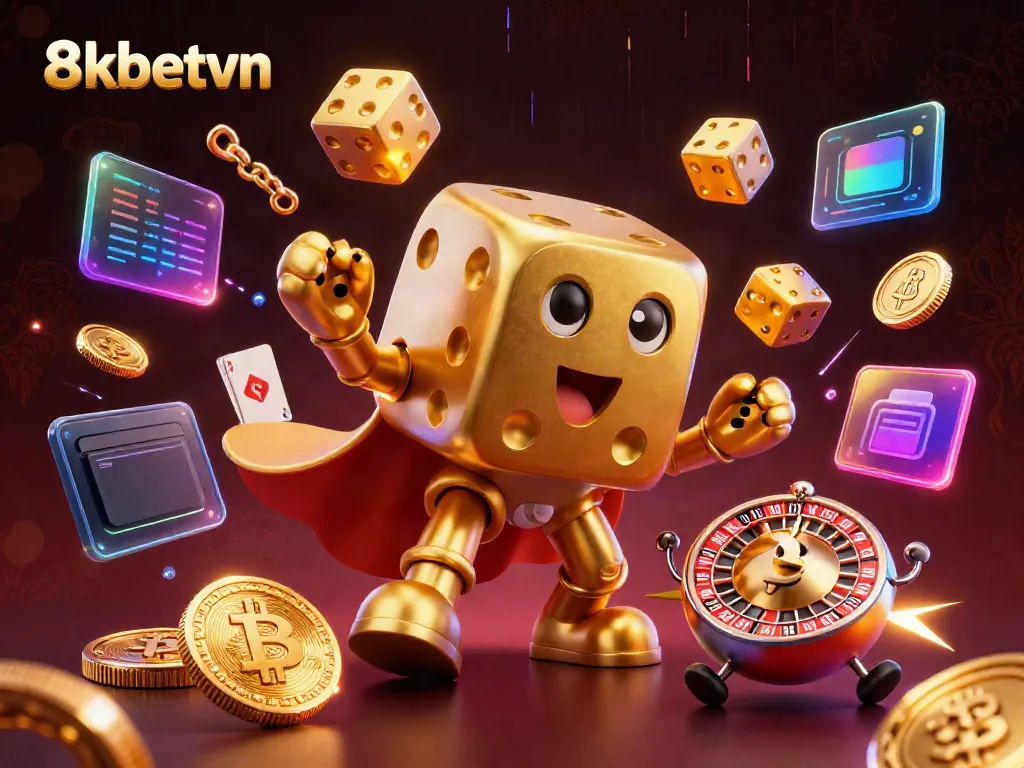 Experience thrilling gameplay at 8xbetvn with a vibrant casino-themed 3D illustration.