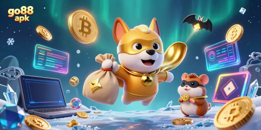 Experience thrilling gaming with the go88 apk, featuring a superhero dog and hamster amidst lively casino elements.