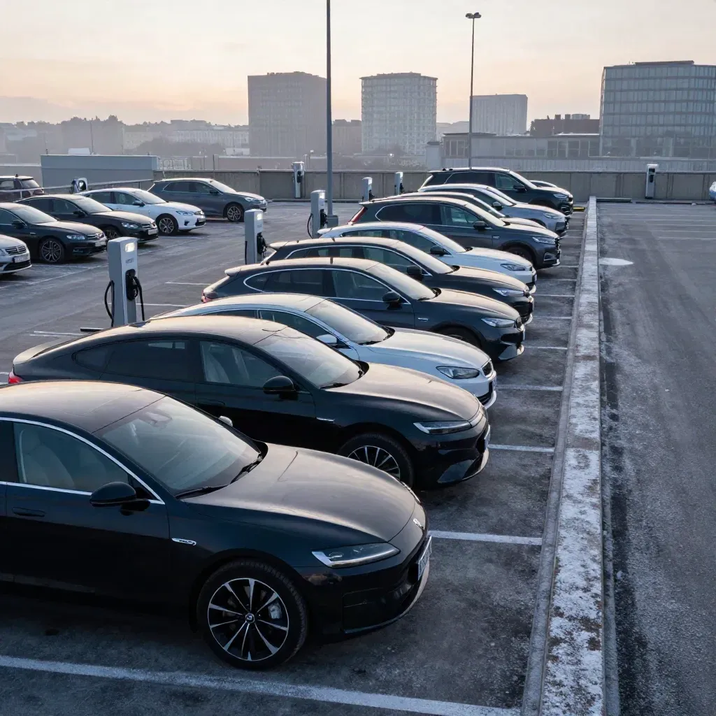 Elbilar i rad på ett parkeringsdäck i Stockholm vid laddstolpar i gryning
