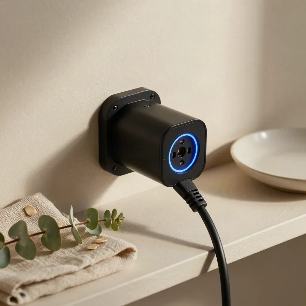 Mattsvart laddboxkontakt med eukalyptus, linneservett och keramikskål på ljus puts.