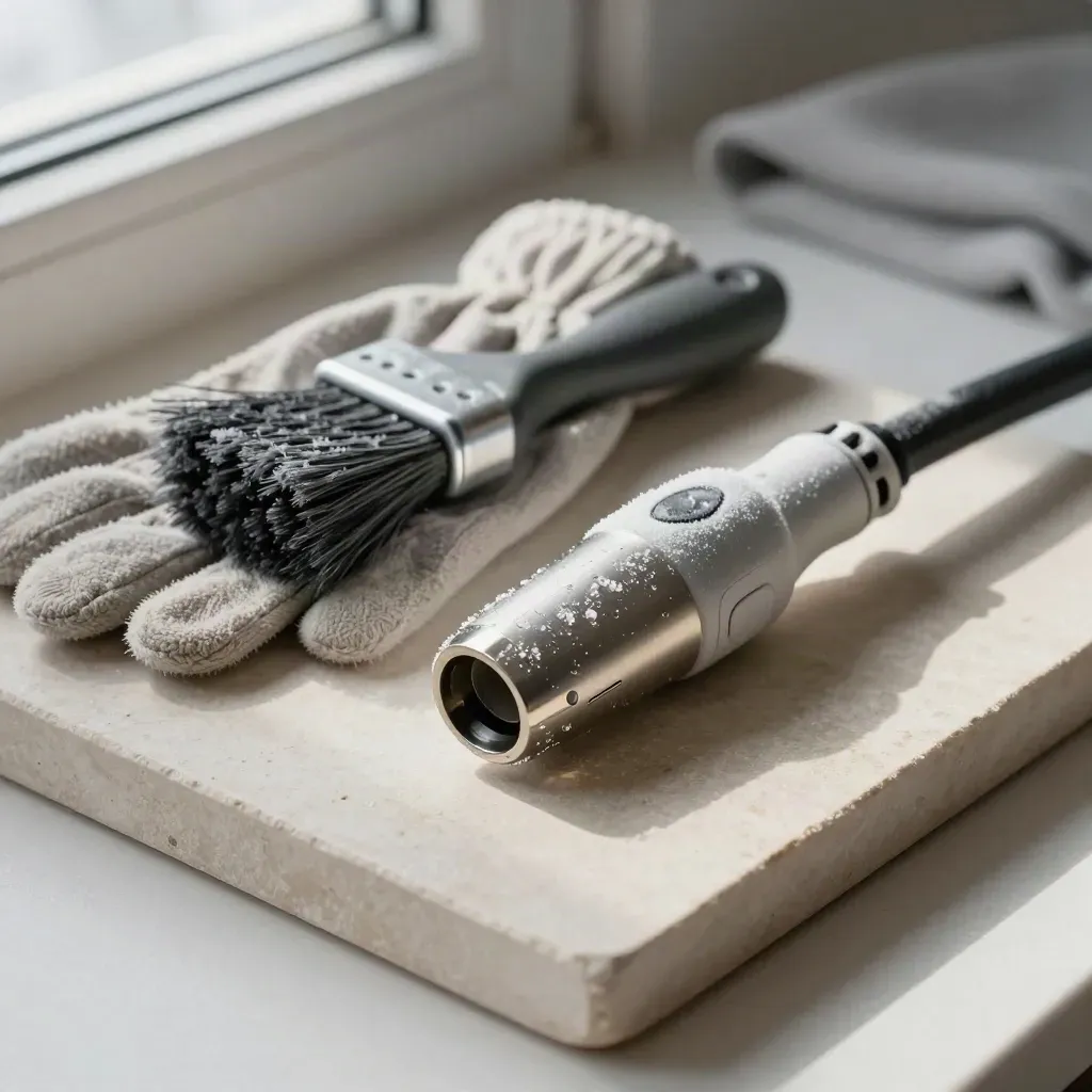 Frostig laddkontakt med vante och snöborste på ljus stenbricka.
