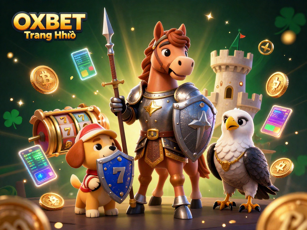 Experience thrilling gameplay with OXBET Trang Chủ, featuring a knight, puppy, and falcon amidst crypto casino action.