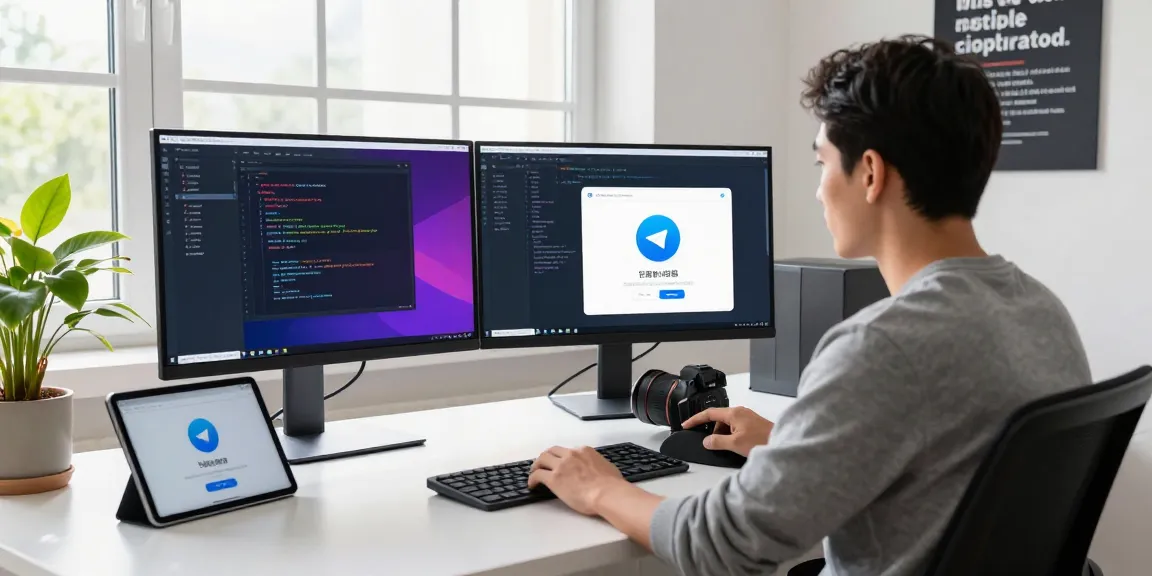 Switching Telegram to Chinese in a contemporary tech workspace, featuring code and app interface.