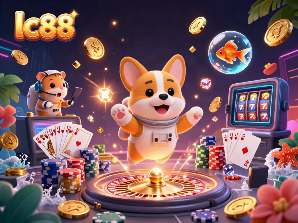 Experience exhilarating gaming moments at lc88 with floating coins and lively characters in a 3D casino.