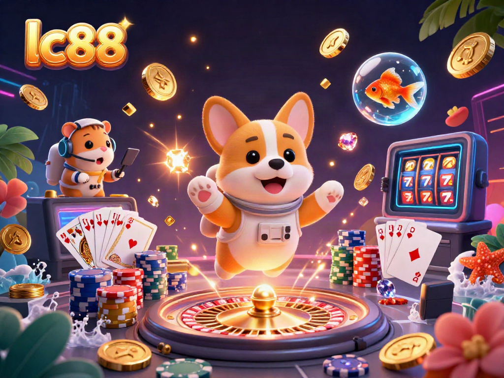 Experience exhilarating gaming moments at lc88 with floating coins and lively characters in a 3D casino.
