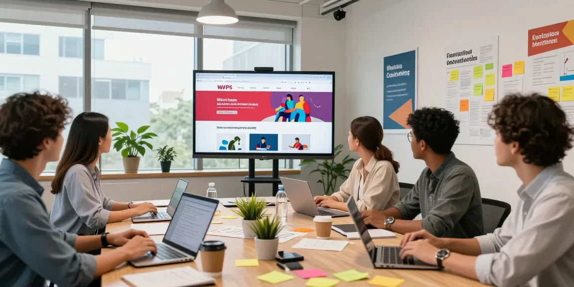 Team collaborating at a modern office showcasing WPS Official Website on digital display.