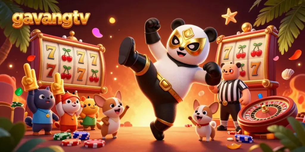 Experience excitement with gavangtv's dynamic casino scene featuring a panda wrestler and vibrant gaming elements.