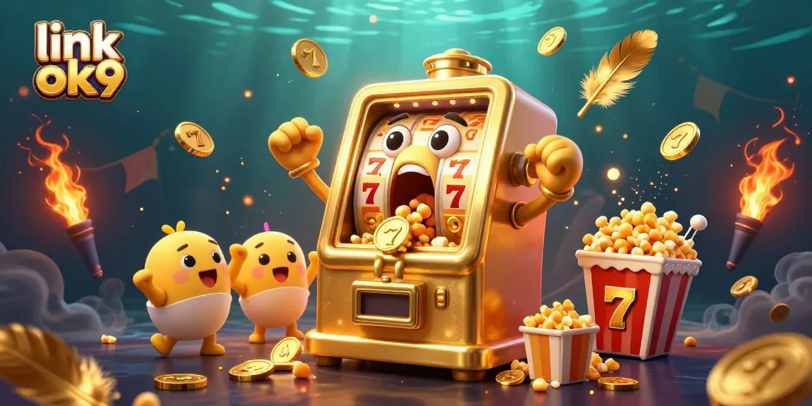 Experience the excitement of the link ok9 golden slot machine celebrating a jackpot with coins pouring out.