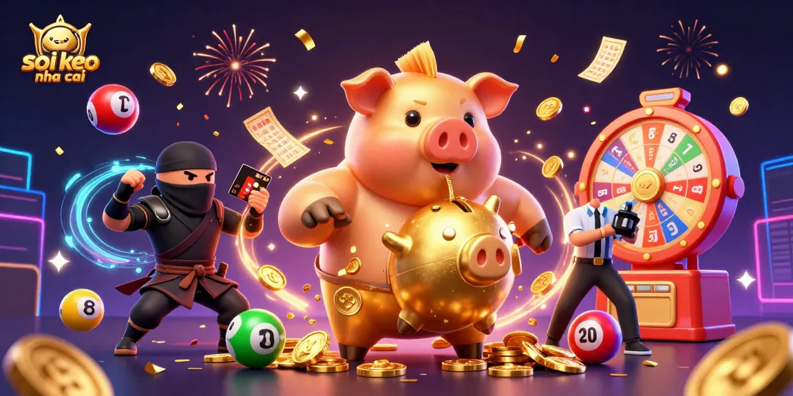 Soi keo nha cai dynamic scene featuring exciting gambling action with a whimsical sumo piggy bank, wallet ninja, and credit card samurai amidst colorful game elements.