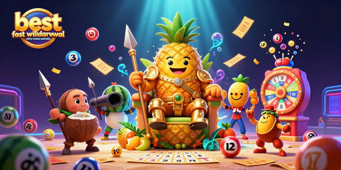 The vibrant scene showcases the best fast withdrawal online casino australia with a golden pineapple king, lively bodyguards, and game elements, emphasizing exciting payouts.