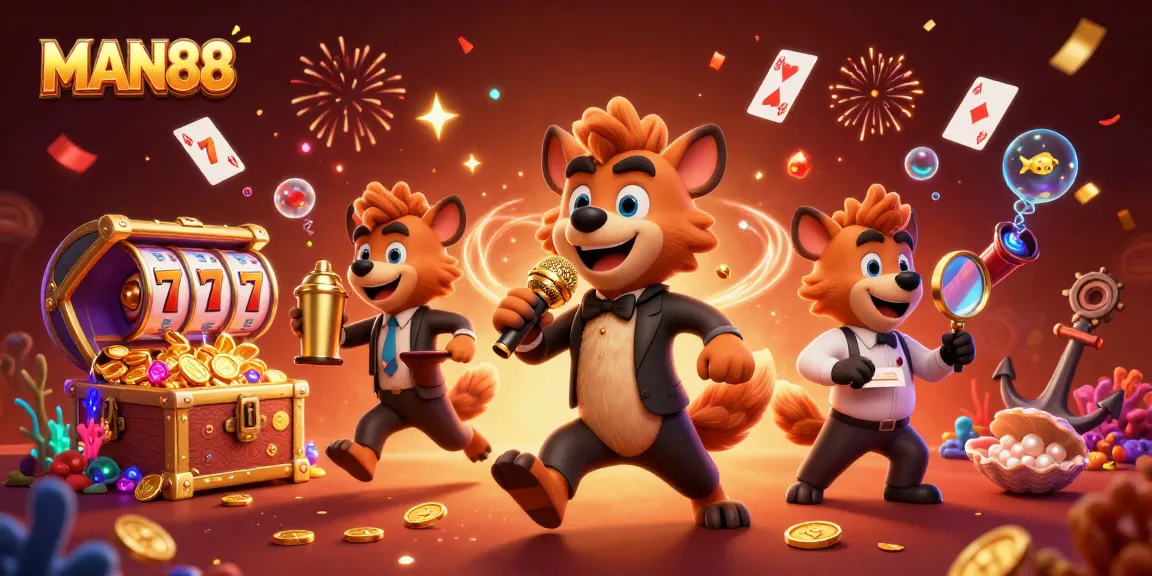 Join the fun at MAN88 casino with a lively illustration of hyenas in a comedy club setting.