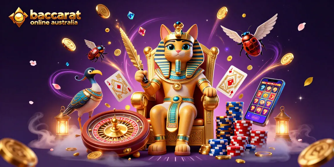 Baccarat online Australia scene with Egyptian pharaoh cat and vibrant casino elements.
