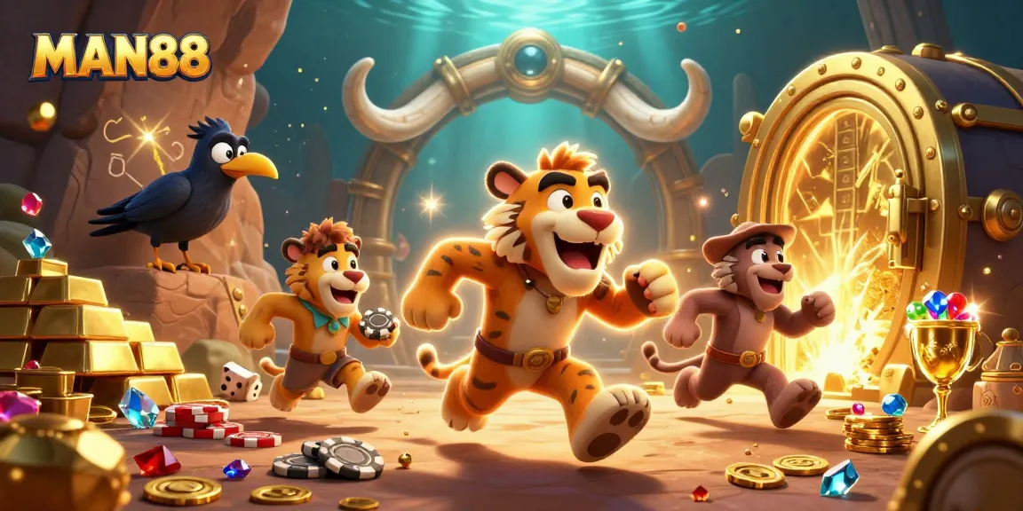 Experience the thrill at MAN88's prehistoric casino with colorful characters and treasures.